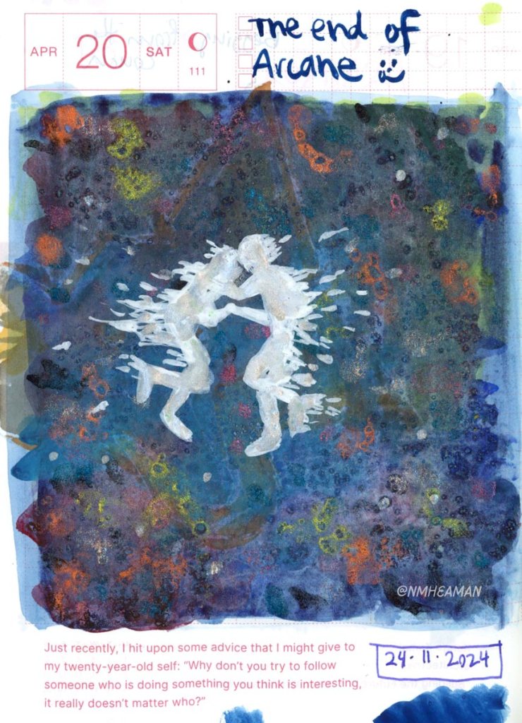 This page is a mostly covered in watercolour washes, overall dark blues but with bits of brighter colours mixed within, which are sparkly paints but the sparkles doesn’t comes through in the image. Two small human silhouettes hold each other in the centre. The sketch is based on one of the climatic scenes in the final episode of the show Arcane. 
