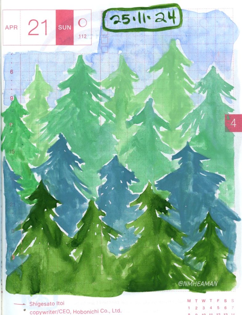 A gouache painting of evergreen trees, with the colours appearing lighter for each row. 
