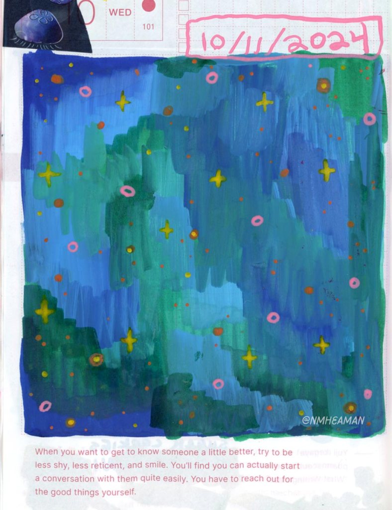 An acrylic pen drawing of a night sky with stars – this was an experiment with blending colours with this type of pen. 
