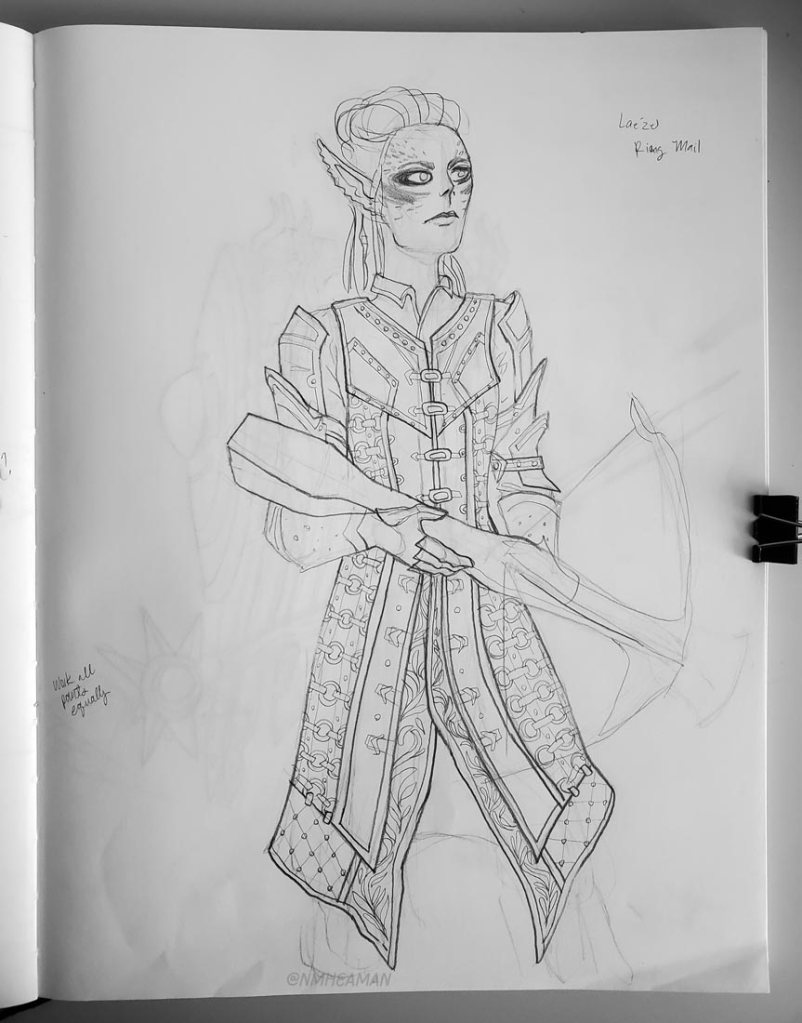 A pencil drawing study of the character Lae-zel in ring-mail armour from the video game Baldur’s Gate 3.