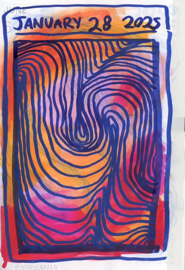 On top of blobs of colour is a pattern of wavy lines in thick blue ink. It is dated January 28, 2025