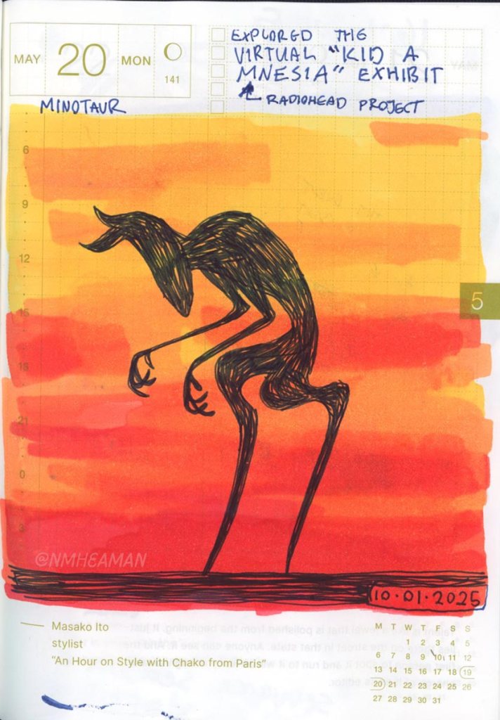 A sketchy silhouette of a minotaur from the digital exhibition Kid A Mnesia – the drawing is captioned ‘Explored the virtual “Kid A Mnesia” exhibit (A Radiohead project)”