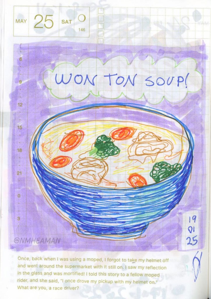 A gel pen drawing of a bowl of wonton soup, with carrots and broccoli
