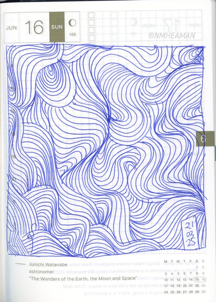 A blue ballpoint pen drawing of abstract, wavy lines. 
