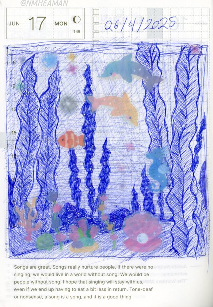  A blue ballpoint pen drawing of an underwater scene with seaweed and rocks. On top of the drawing are stickers of sea creatures: dolphins, fish, an open shell with a pearl.
