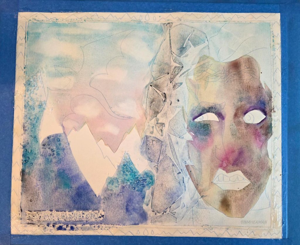 A work-in-progress images of the illustration. This one shows wet watercolour washed for the skin base and mountain landscape. It is early in the process. 
