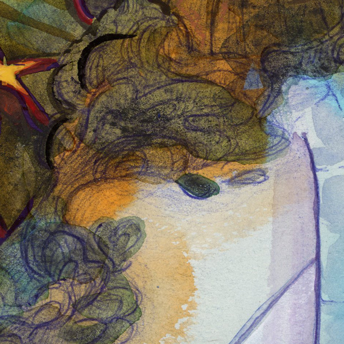 A detailed close-up of the illustration showing the texture of the inks making up the smoke