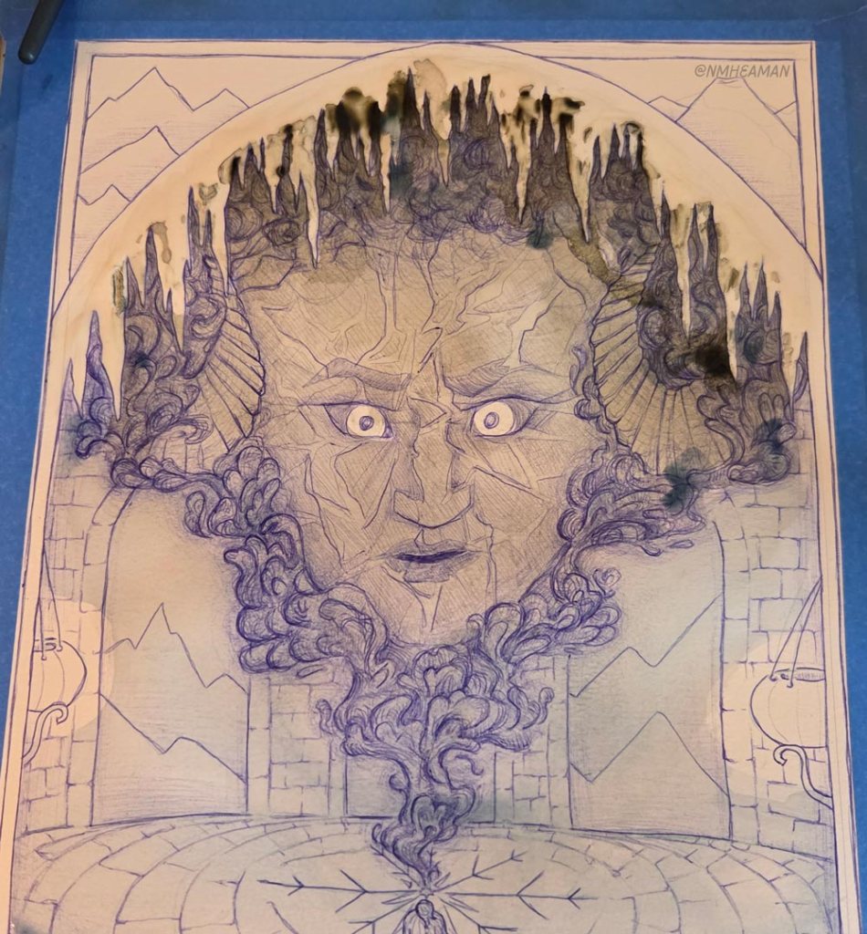 A work in progress photo of the illustration: the under-drawing in blue ballpoint pen is done, and masking fluid is still on the border. Inks are starting to be applied.