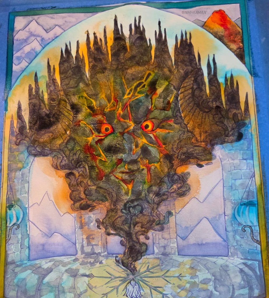 A work in progress photo of the illustration: the ugly stage. Colours are messy and there is not much definition in the volcanic face. The blues and reds are overpoweringly vibrant