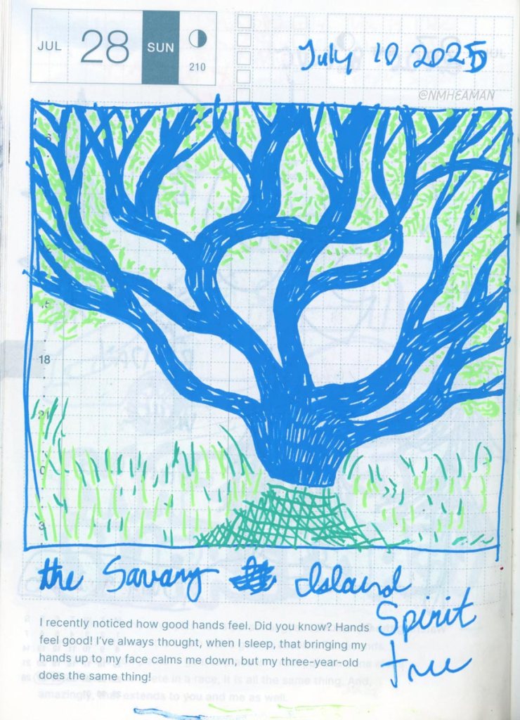 A drawing done in blue and green gel pen of a stylizing tree with big wavy branches, captioned “The Savary Island spirit tree”