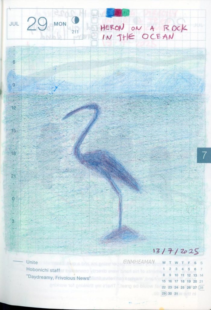A pencil crayon drawing of a heron standing on a rock in the ocean, with an island in the distance. The colouring is soft, with no hard edges