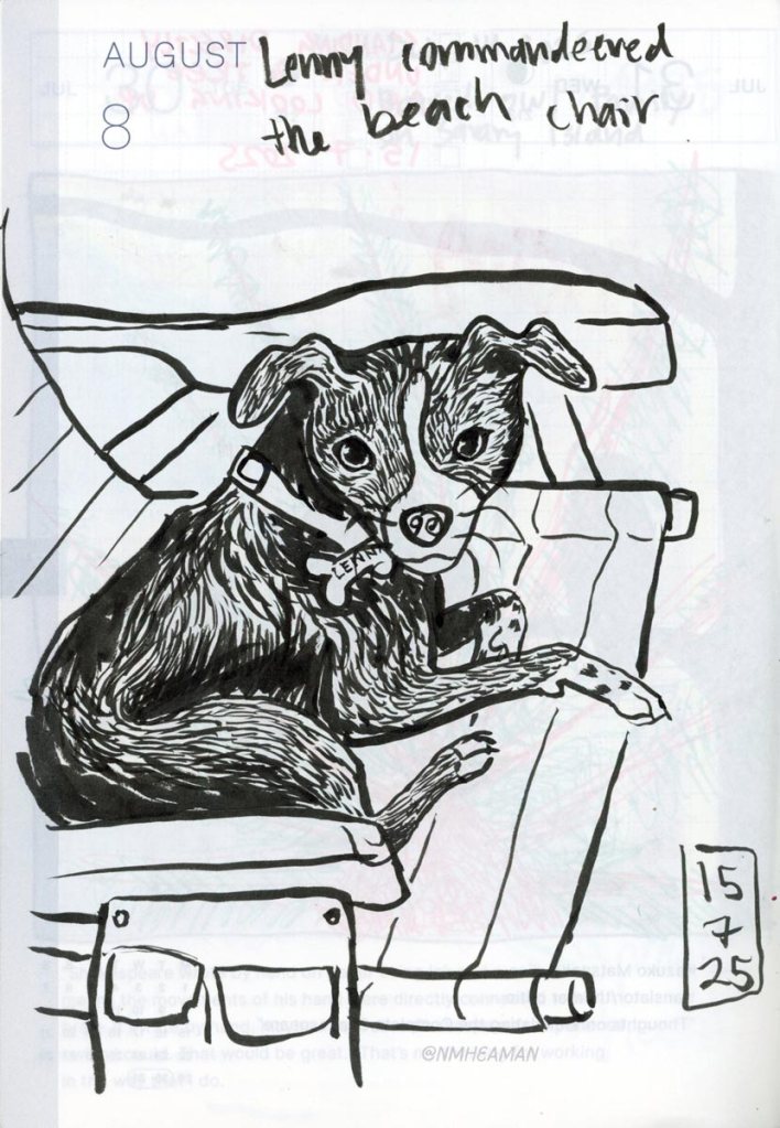 A black ink drawing of a small black dog with floppy ears sitting on a chair, captioned “Lenny commandeered the beach chair”