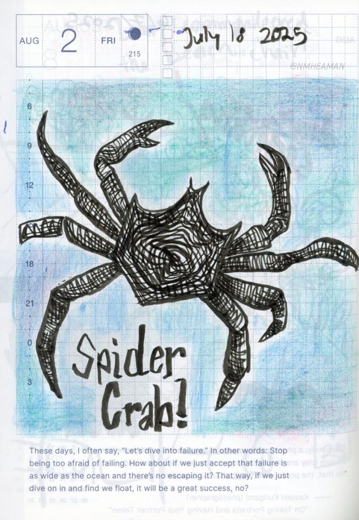 An ink drawing of a spider crab