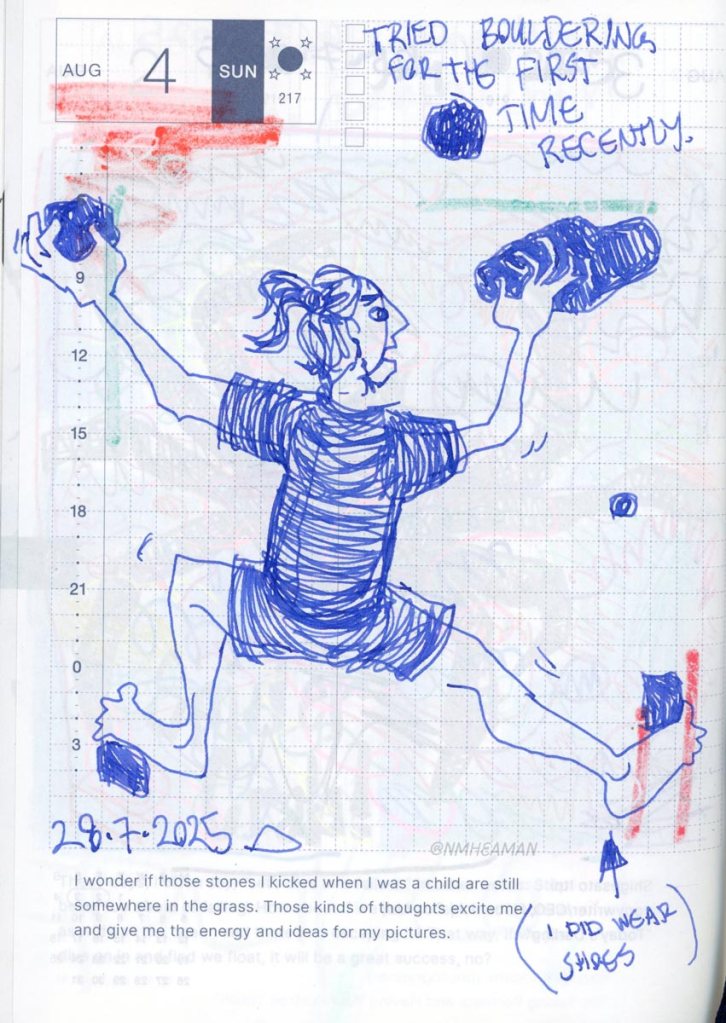 A loose, sketchy drawing in blue ink of a person climbing a rock wall; it is captioned “tried bouldering for the first time recently!”