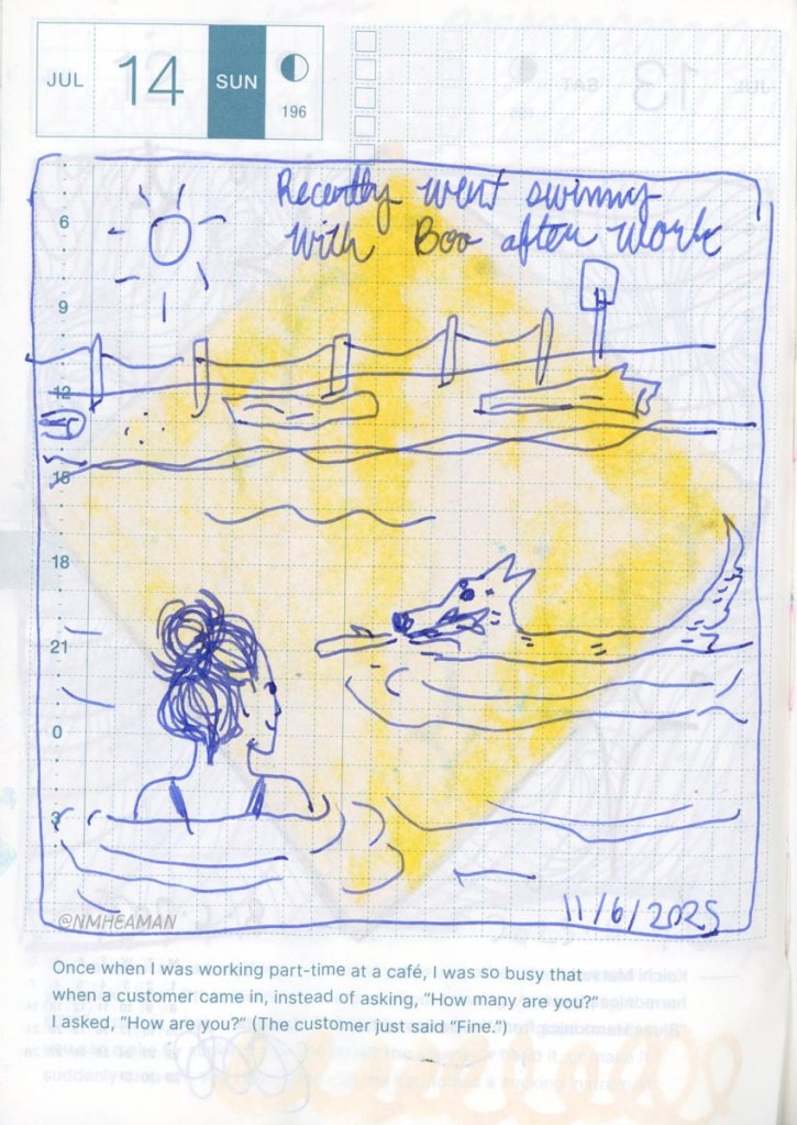 A pen drawing of a person and dog swimming at the beach. The drawing is rough and loose, and text in the upper part reads: “Recently went swimming with Boo after work”