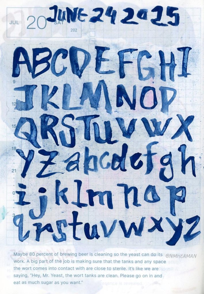 The alphabet written in blue paint, using a brush with long bristles resulting in stylized letters.