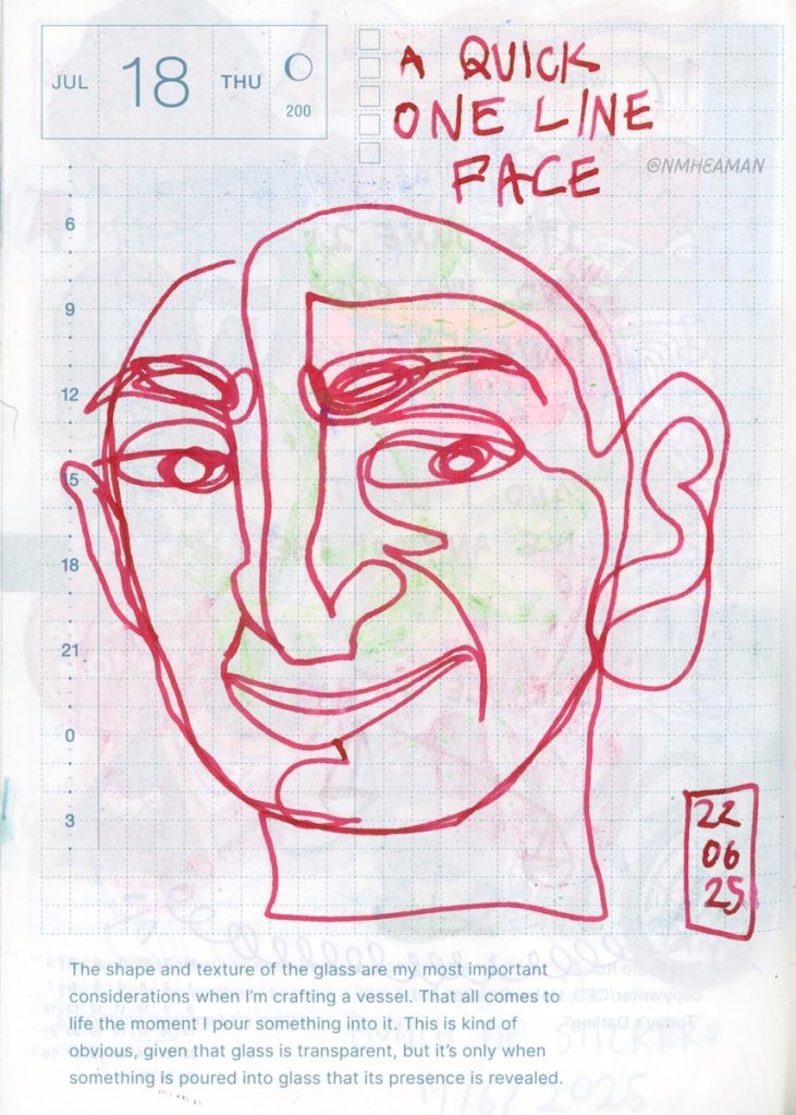A red ink pen drawing of a face, which was drawn with one single line.