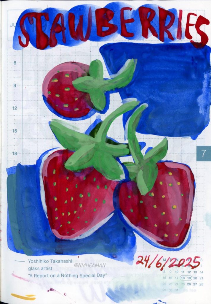 A gouache sketch of three strawberries on a patchy blue background.