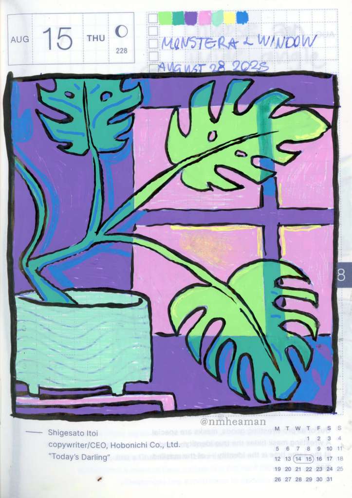 A colourful drawing of a monster with three large leaves in front of a window. Where the leaves overlap with the window, the light shines through and they are brighter.
