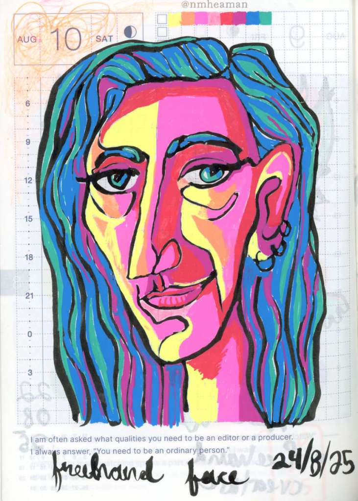 A brush pen drawing of a face, not of anyone in particular. Loose lines follow the contours of the face and add texture to the hair. The face in coloured with bright neon gel pens. It could be a man or a woman, with long hair and multiple ear piercings.