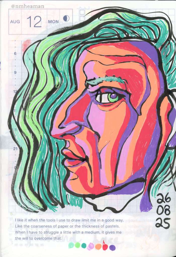 A brush pen drawing of a face, not of anyone in particular, in profile. Loose lines follow the contours of the face and add texture to the hair. The face in coloured with bright neon gel pens. It could be a man or a woman, with long hair.