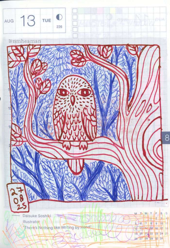 A fountain pen drawing of an owl sitting in a tree. It is looking right at the viewer.