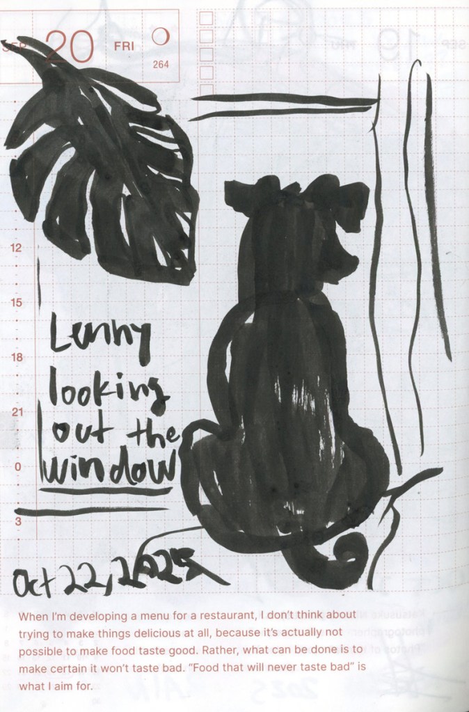 A brush pen ink sketch of a dog, seen from behind, looking out a window. He is partly framed by a large monsterra leaf. It is captioned “Lenny looking out the window”