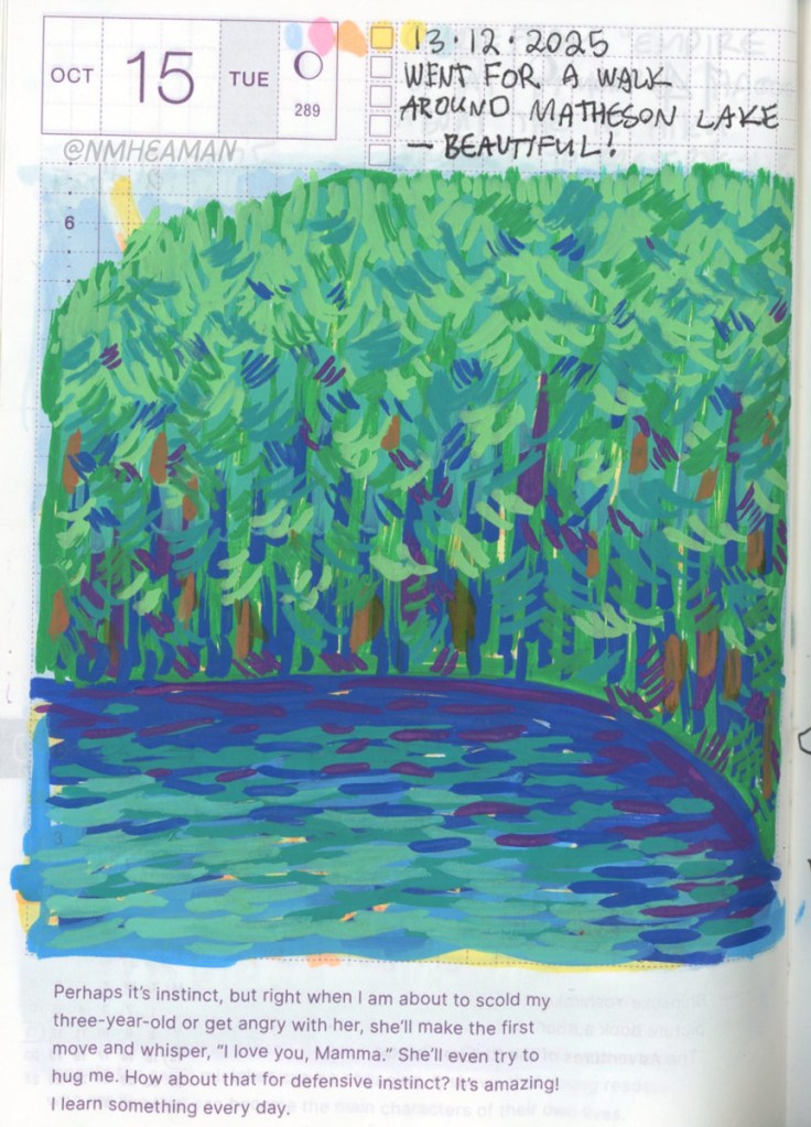 An acrylic paint pen drawing of a lake and the surrounding forest. The drawing is impressionistic, make with many small, short marks.
