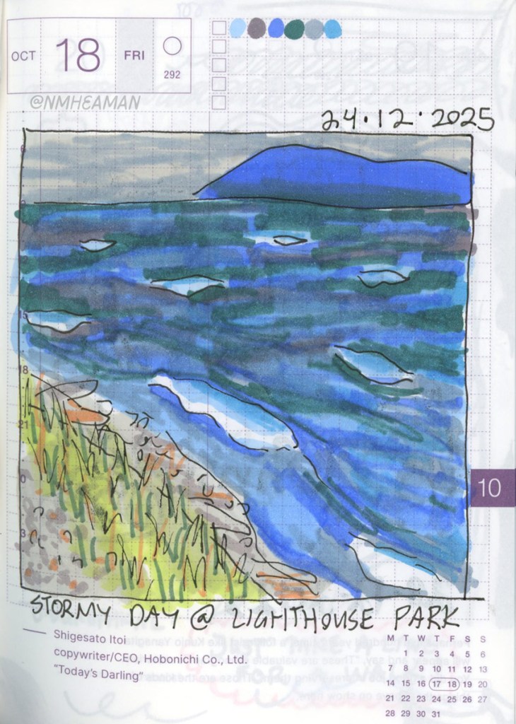 An alcohol ink pen drawing of a beach on a windy day, with white caps on the water.