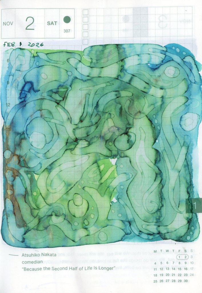 Abstract bleeds of watercolour, in many shades of green and blue