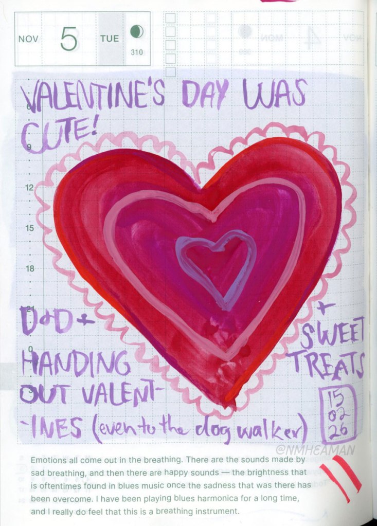 A gouache painting of a heart in shades of red and pink. Around it is written "Valentine's day was cute! D&D plus handing out valentines (even to the dog walker) plus sweet treats!