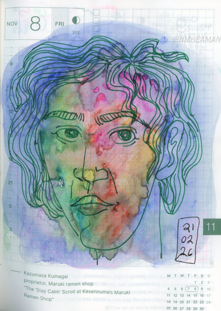 This sketchbook page has a wash of inky colour – blue and green, with some pink and yellow patches. On top of the bleeds a face is drawn in green ink. The portrait isn't of anyone is particular. They face front-on, and have short wavy hair.