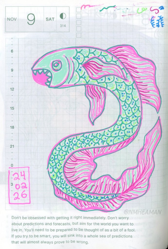 A gel pen drawing of a stylized fish-eel-thing. It has a green body with pink fins, and an open mouth with short sharp teeth
