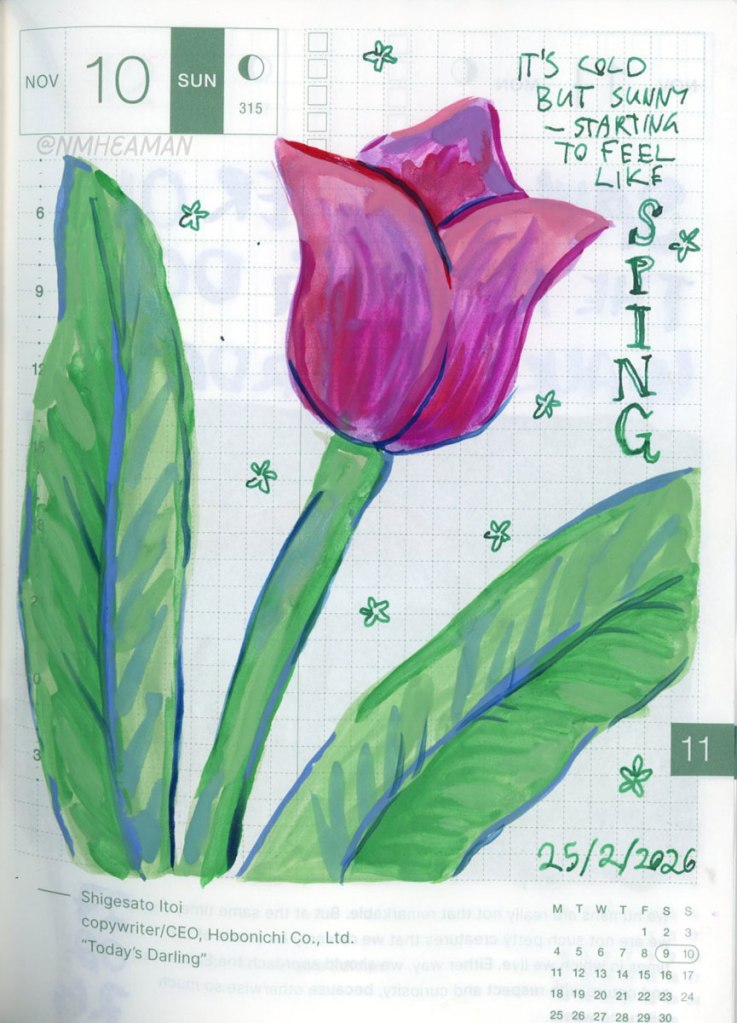 A gouache painting of a pink tulip, captioned "It's cold but sunny – starting to feel like SPRING"