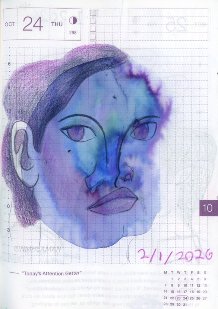On this sketchbook page, ink colours bleed together – shades of blue, purple, and green. On top of the blob, the artist sketched a face with pencil crayons