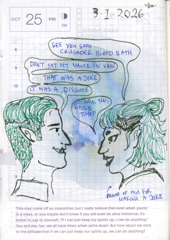 An ink sketch of two characters from the artist's Dungeons and Dragons champaign. Both characters are in profile and looking at each other. The one on the left is a half-orc man with a short haircut. On the right is a woman with a bob hair cut and small horns.