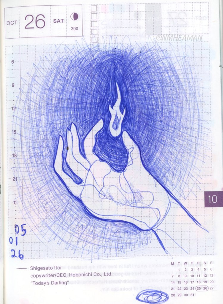 A blue ball point pen drawing of a hand, with a small flame hovering above the palm