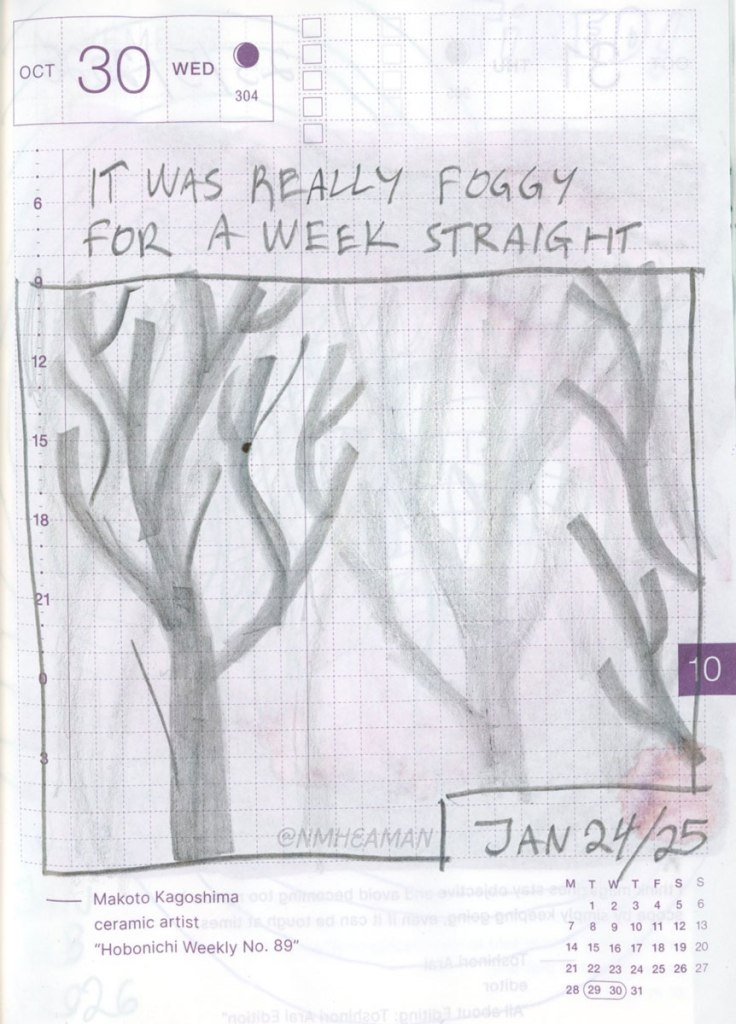 A simple pencil drawing of stylized trees. The tree in the foreground is darker, and trees farther back are fainter. The caption reads "It was really foggy for a week straight"