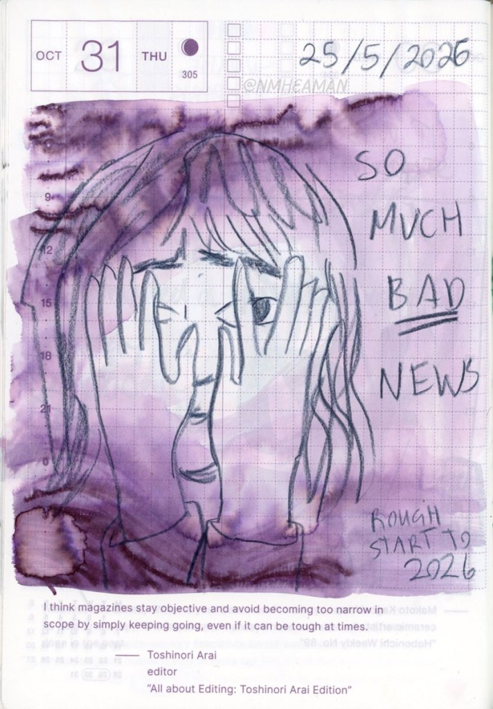 A stylized drawing of a person with her head in her hands. Her hands are over her eyes, and one eye showing beneath spread fingers. The drawing is done in dark blue coloured pencil with a wash of dark purple ink below. The caption reads "So much bad news"