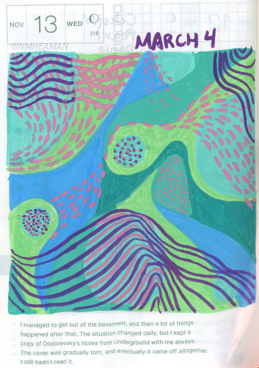 An acrylic marker abstract drawing of shapes and lines in cool colours (blues, greens, purples)