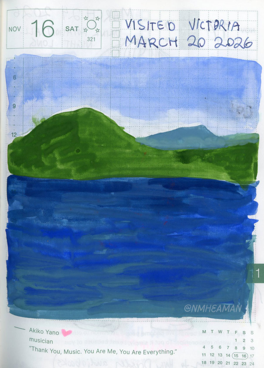 A gouache painting of a deep blue ocean and islands in shades of green across the water. It’s captioned “visited Victoria”