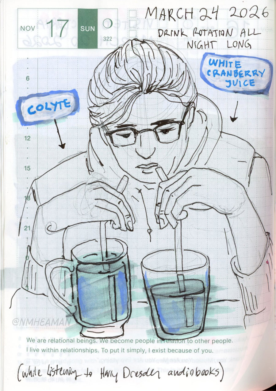 A drawing of a person in a hoodie leaning over two drinks, a straw from each held in each hand. One drink is labelled “Colyte” and the other “white cranberry juice”. The person doesn’t look happy. The drawing is captioned “drink rotation all night long (while listening to Harry Dresden audiobooks)”