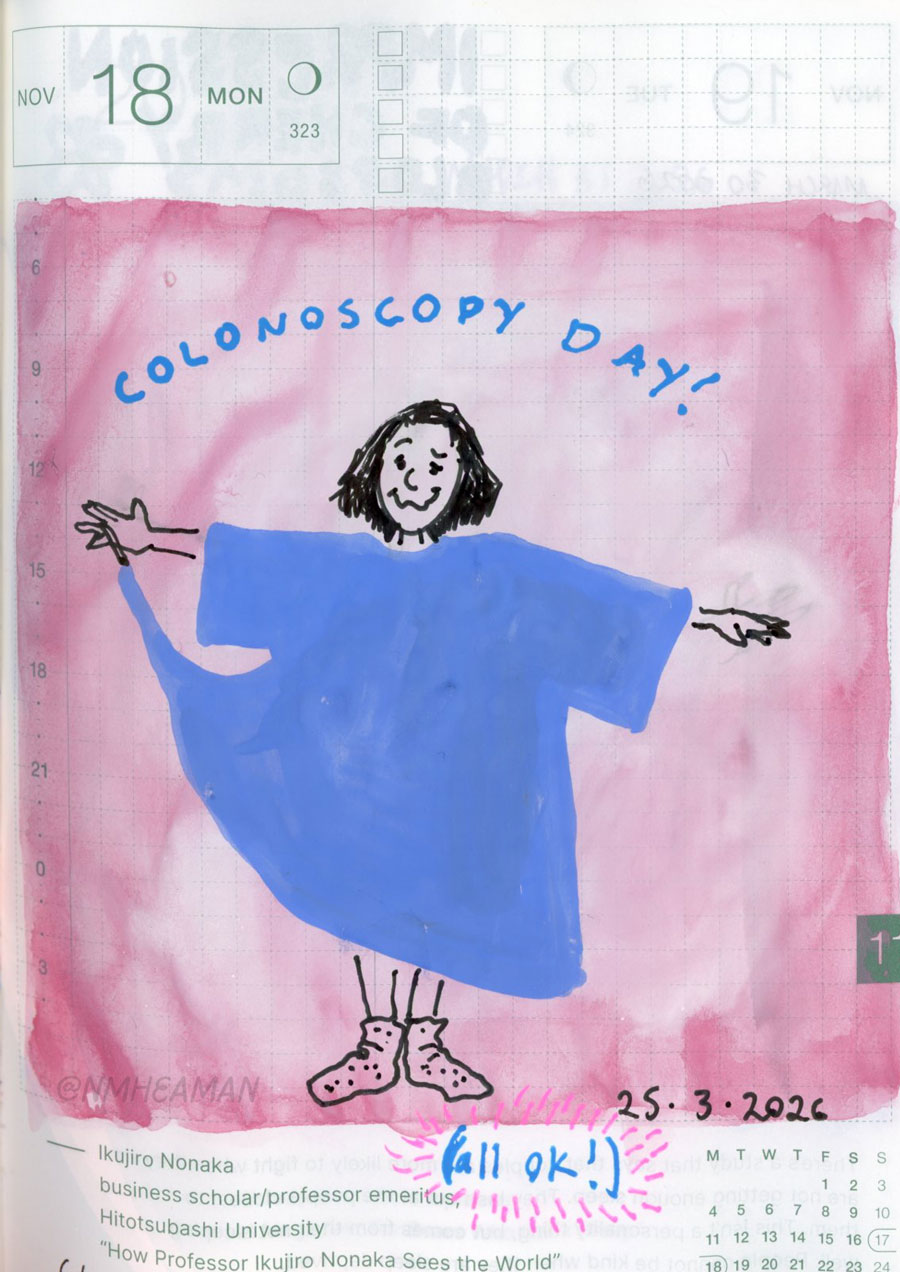 A cartoony gouache painting with black ink drawn on top. It shows a person in a large blue hospital gown and hospital socks. Her expression uncertain. The image is captioned “Colonoscopy day! (All ok!)”