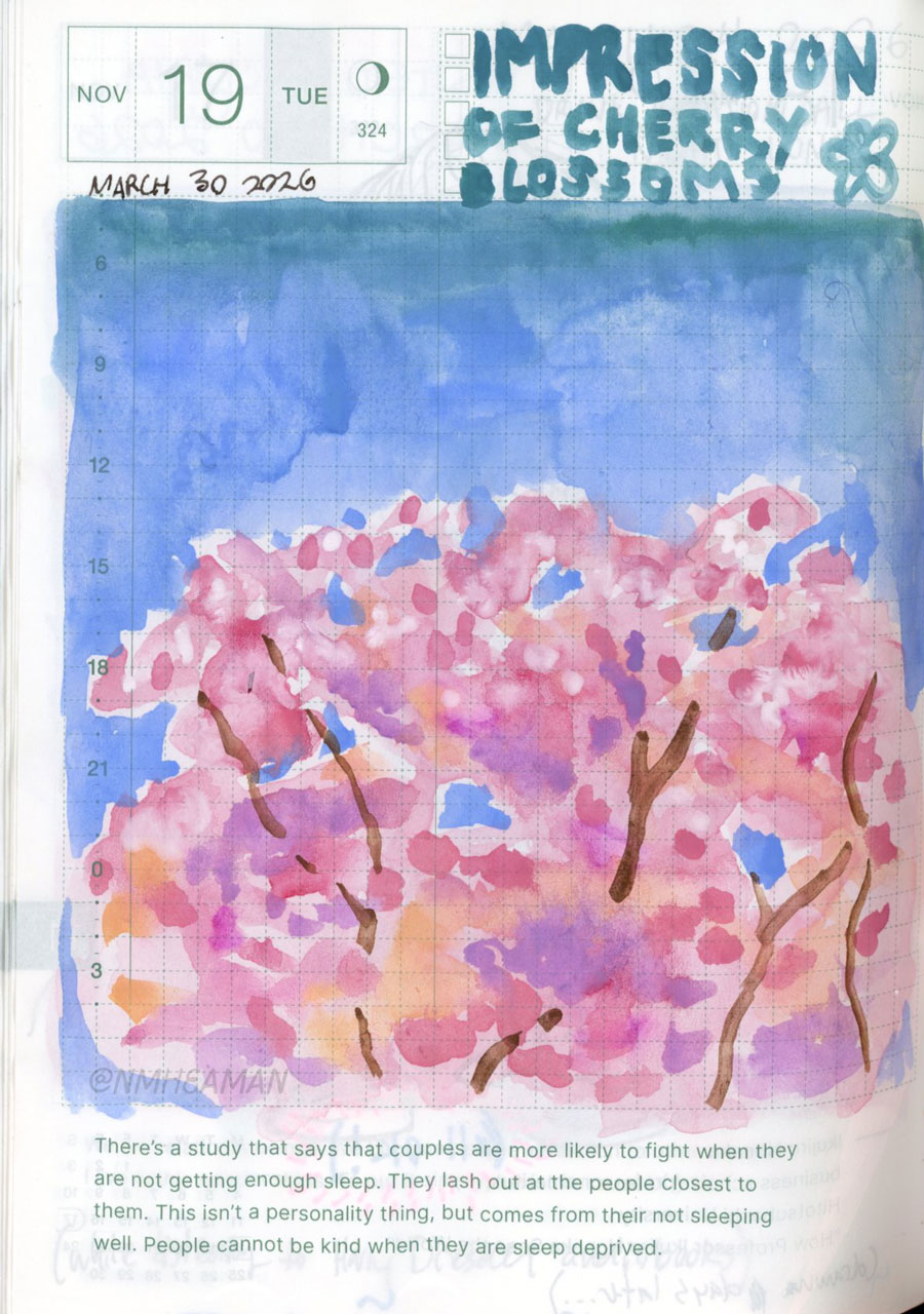 A loose, almost abstract, gouache painting of pink cherry blossoms against a blue sky, captioned “Impression of cherry blossoms”