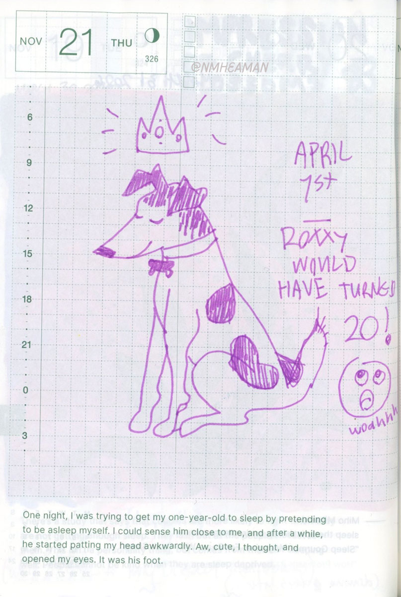 An ink drawing of a white dog with spots, with a crown floating over her head. Her eyes are closed and she looks pleased. It’s captioned “April 1st, Roxxy would have turned 20!”
