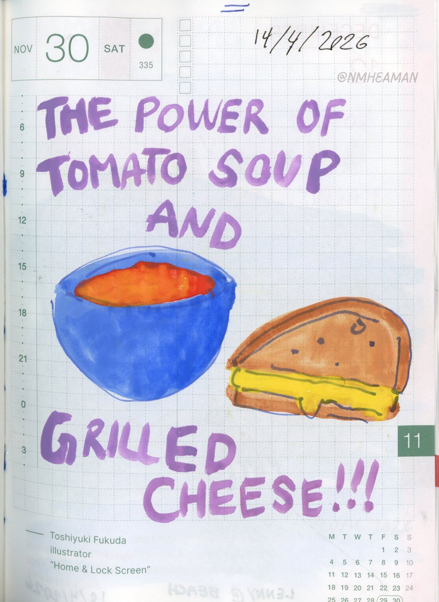 A gouache paint sketch of a bowl of soup and half a grilled cheese sandwich. It’s captioned “The power of tomato soup and grilled cheese!!!”