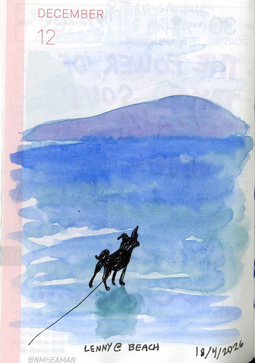 On a wash of blue watercolour is an ink silhouette of a small dog at the end of a leash. The drawing is captioned “Lenny at the beach”